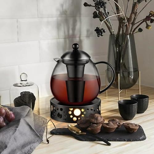 Glastal Schwarzes Teekännchen 1500ml Edelstahl Sieb Borosilicatglas geeignet für Teewärmertop