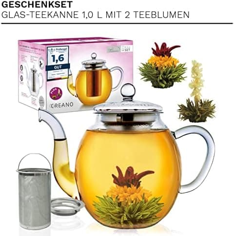 Teekanne Glas Creano 1,2l - 2 Teeblumen - Tropffrei - Gastro-Geschenk