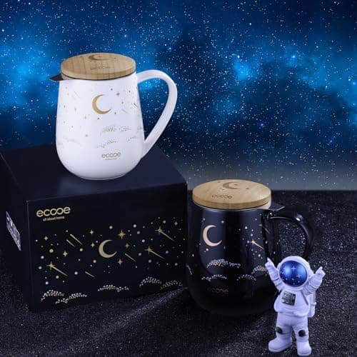 Ecoe Teetasse mit Deckel und Sieb - 600 ml Keramik Teetasse mit Edelstahl Sieb und Deckel, Schwarz Keramik Teebecher Set