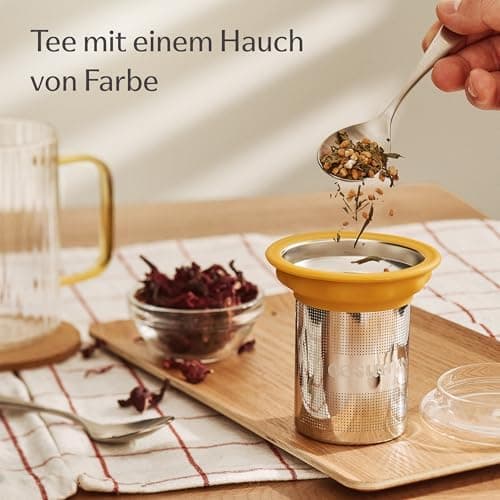 Cosumy Hitzebeständige Teetasse 450ml Schwarz - Farbgriff aus Borosilikat Glas mit Korkuntersetzer und Edelstahlfilter