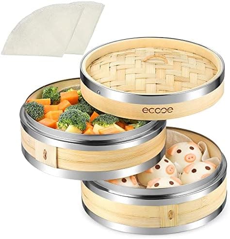 Ecooe Bambusdämpfer mit verstärktem Edelstahlrand, 20cm für Reis, Dim Sum und Gemüse,perfect für Familie und Freunde