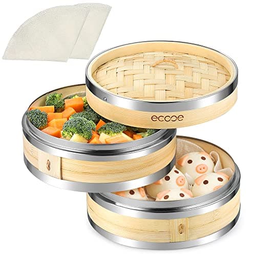 Ecooe Bambusdämpfer mit verstärktem Edelstahlrand, 20cm für Reis, Dim Sum und Gemüse,perfect für Familie und Freunde