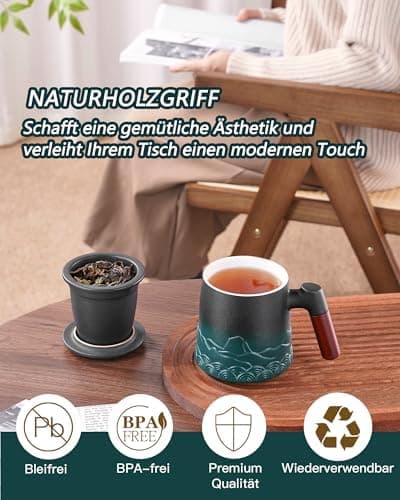 ZENS Teetasse mit Deckel und Teesieb für Tee Liebhaber bei\viewschiebung und Atemluft, 450ml, Große Holzgriff Matte Kera