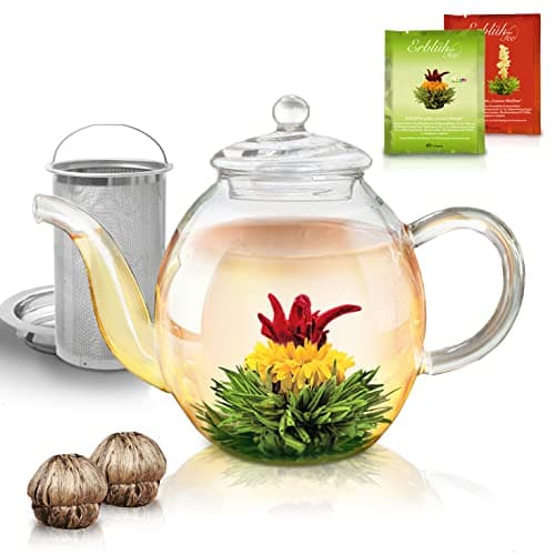 Teekanne Glas Creano 1,2l - 2 Teeblumen - Tropffrei - Gastro-Geschenk