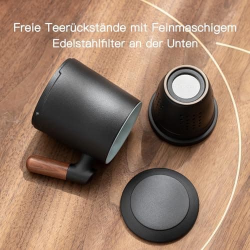 ZENS Teetasse mit Deckel und Sieb Geschenke für Teeliebhaber Matte Keramik 360 ml Holzgriff