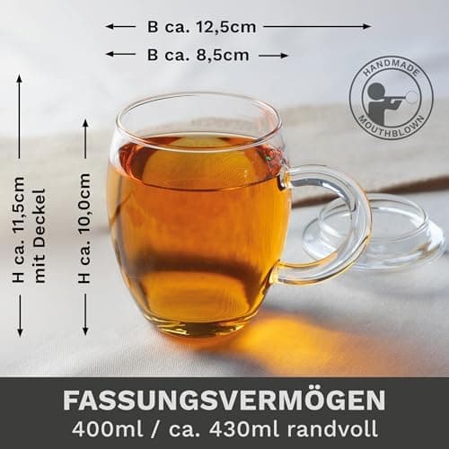Creano Teeglas all in one 400ml - Große Teetasse mit Edelstahlsieb und Glasdeckel für echten Geschmack (1x 400ml)  
Crea
