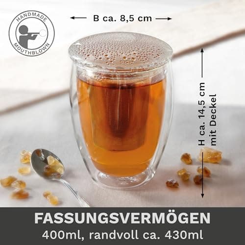 Creano Teeglas all in one 400ml - Große Teetasse mit Edelstahlsieb und Glasdeckel für echten Geschmack (1x 400ml)  
Crea