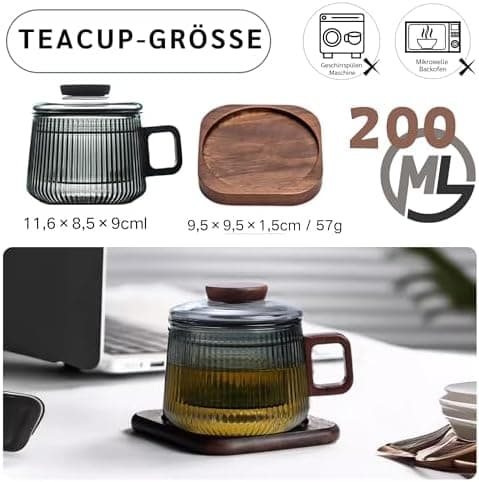 JanYoo Glas Teetasse mit Deckel und Sieb | Ideal für den Hausfrau | Für den Zuhause genossenen Tee | Transparent, 200ml,