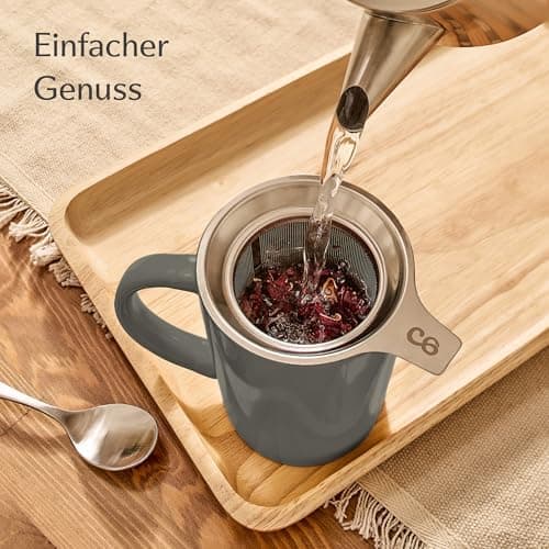 Cosumy Keramik Teetasse mit Sieb und Deckel - Hält lange warm - Spülmaschinenfest - Ideal für Tagesgebrauch - 400ml