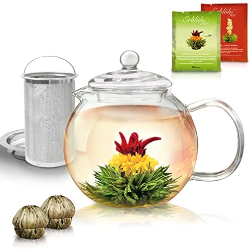 Teekanne Glas Creano 1,2l - 2 Teeblumen - Tropffrei - Gastro-Geschenk