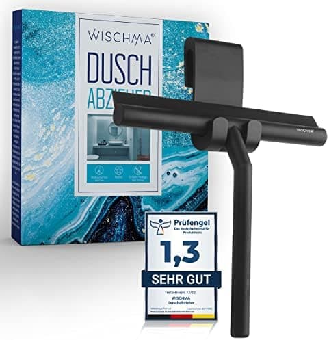 Silikon-Duschabzieher Schwarz - Bohrlochlose Halterung für Dusche, Edelstahl-Kern, Glasabzieher ohne Stripes