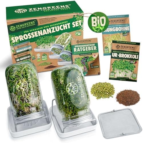 Bio Sprossen Anzuchtset – USDA Organic EU Organic – Sprossenglas 1er, 2er oder 3er Set – Enthält Keimglas, Anzuchtschale