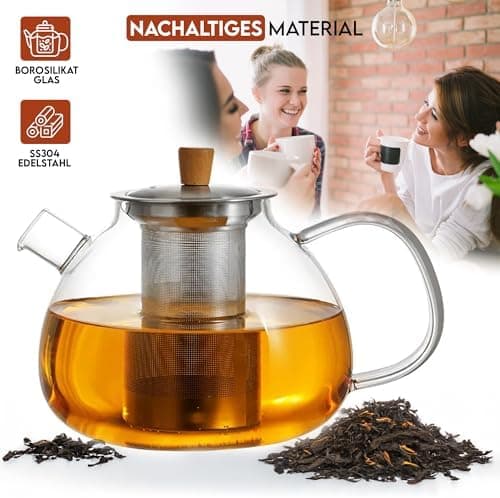 Teekanne aus Borosilikatglas mit Edelstahl-Sieb für Dobin - 1,5 Liter - Tropffrei, Hitzebeständig, Spülmaschinenfest