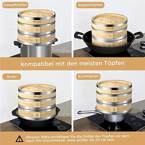 Ecooe Bambusdämpfer mit verstärktem Edelstahlrand, 20cm für Reis, Dim Sum und Gemüse,perfect für Familie und Freunde