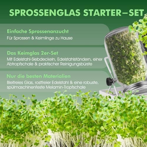 Sprossenglas Starter-Set 2er Keimglas Set 750ml für Kräuter & microgreens I Inkl. Siebdeckel, Abtropfschale, Verdunklung