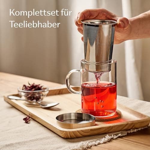 Cosumy Teetasse mit Deckel und Sieb - Ideal für Teebegeisterte - Feinmaschiger Filter & Großes Volumen 400ml - Borosilik