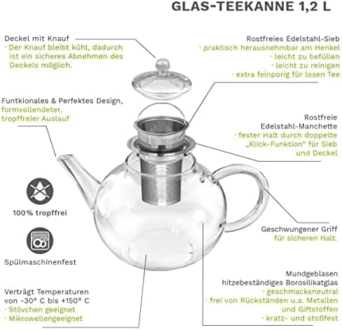 Teekanne Glas Creano 1,2l - 2 Teeblumen - Tropffrei - Gastro-Geschenk