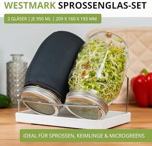 Westmark Sprossenglas Keimglas Set 2 STK - Edelstahl-Sieb & Abtropf - Für Sprossen & Microgreens - 950 ml