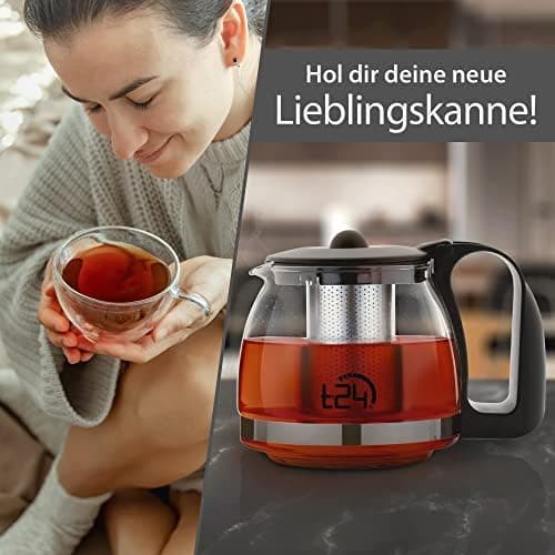 T24 Glas Teekanne mit Hitzebeständigem Edelstahl Filter für Losen Tee - 1250ml - Überhitzungsschutz und Siebeingebaust