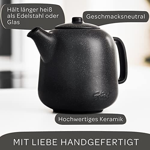 STEINZEIT Design Teekanne Schwarz 1,3L Edelstahl Siebkeramik Glasur