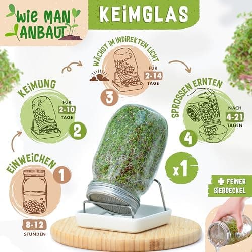 Bio Sprossen Anzuchtset – USDA Organic EU Organic – Sprossenglas 1er, 2er oder 3er Set – Enthält Keimglas, Anzuchtschale