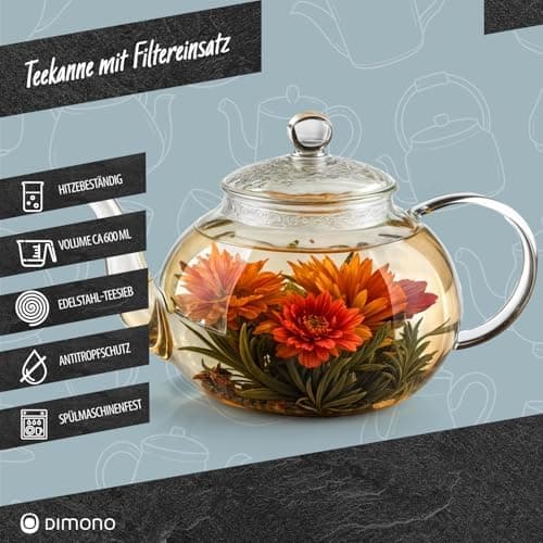 Dimono Mundgeblasene Teekanne mit Teefilter 600 ml perfekt für Teeblumen