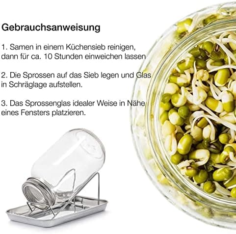 BigDean Sprossenglas und Keimglas Set 1000 ml - Edelstahl-Gitterdeckel + Ständer - Anbau-Set für Sprossen & Keimlingen