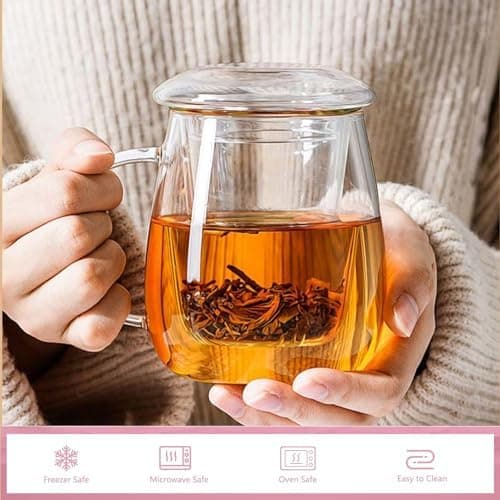 Borosilikatglas Teetasse mit Deckel und Sieb für Loser Tee
| Doppelwandige Glas Teetasse Groß 500ml für Blütentee
| Nie