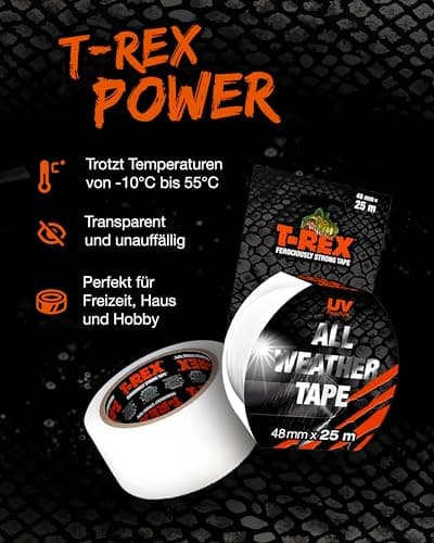T-Rex Wetterfestes Transparentes Klebeband 48mm x 25m – Extra Stark für Indoor & Outdoor – UV-Fest – Ideal für Markisen-
