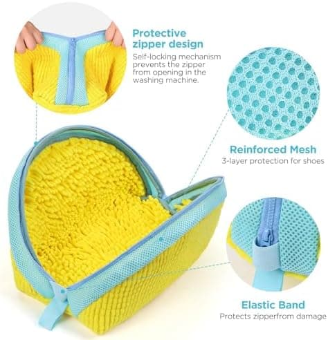 Ecooe Gelb 2 Stück Schuhwaschbeutel für Waschmaschine, Reinigungsflaum mit 360° Chenille, ideal für Sneaker und Turnschu