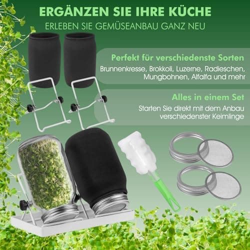 Sprossenglas Starter-Set 2er Keimglas Set 750ml für Kräuter & microgreens I Inkl. Siebdeckel, Abtropfschale, Verdunklung