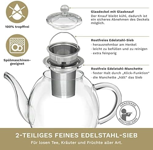 Creano Glas Teekanne 1,2l + Edelstahl Stövchen, ideal für Teezubereitung mit Losen Blüten
