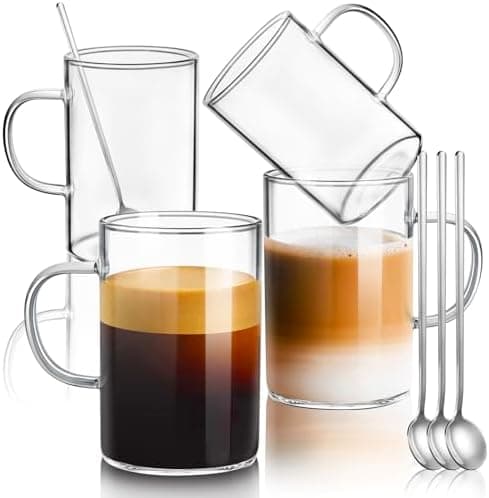 Ecoe 470 ml Kaffeetassen aus Borosilikatglas 4er-Set, perfekte Trinktasse für Kaffee und Tee, große Tassen mit Henkeln u
