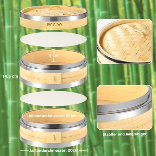 Ecooe Bambusdämpfer mit verstärktem Edelstahlrand, 20cm für Reis, Dim Sum und Gemüse,perfect für Familie und Freunde