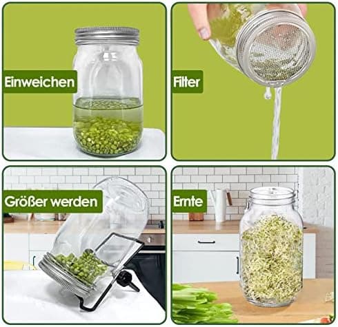 Keimglas Sprossenglas 2er Set 950ML Weiß Einsatzbereich Kresse Alfalfa Brokkoli Mungobohnen 2 Einstellbare Halterung Dri