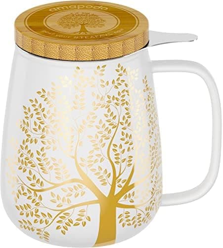 Amapodo XXL Teetasse - Plastikfreie 600ml Porzellantasse mit Deckel und Sieb - Weiß - Perfekt für Tee-Liebhaber - Großes