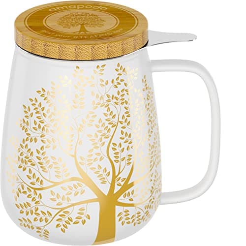 Amapodo XXL Teetasse - Plastikfreie 600ml Porzellantasse mit Deckel und Sieb - Weiß - Perfekt für Tee-Liebhaber - Großes