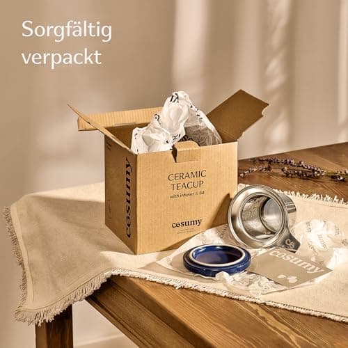 Cosumy Keramik Teetasse mit Sieb und Deckel - Hält lange warm - Spülmaschinenfest - Ideal für Tagesgebrauch - 400ml