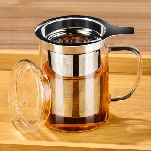 PARACITY Borosilikat-Teebecher mit abnehmbarer Edelstahl-Sieve & Deckel, 450 ml, OFENFEST für losen Tee, Geschenk für Fa
