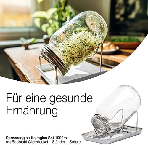 BigDean Sprossenglas und Keimglas Set 1000 ml - Edelstahl-Gitterdeckel + Ständer - Anbau-Set für Sprossen & Keimlingen