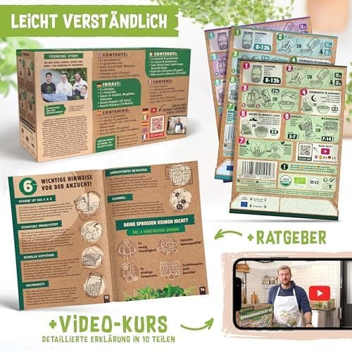 Bio Sprossen Anzuchtset – USDA Organic EU Organic – Sprossenglas 1er, 2er oder 3er Set – Enthält Keimglas, Anzuchtschale