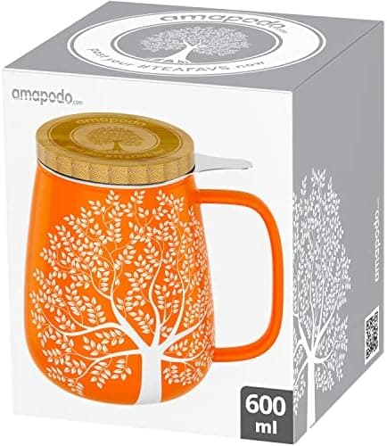 Amapodo XXL Teetasse - Plastikfreie 600ml Porzellantasse mit Deckel und Sieb - Weiß - Perfekt für Tee-Liebhaber - Großes