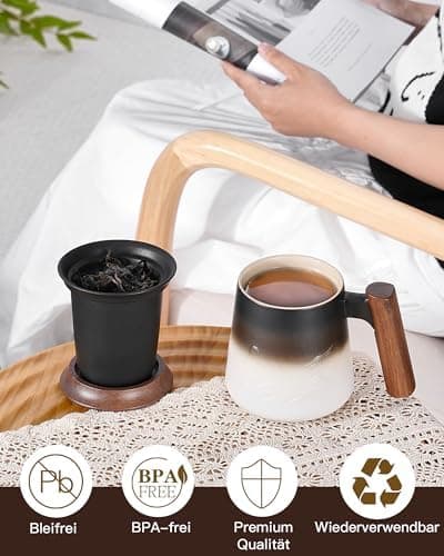 ZENS Teetasse mit Deckel und Teesieb für Tee Liebhaber bei\viewschiebung und Atemluft, 450ml, Große Holzgriff Matte Kera