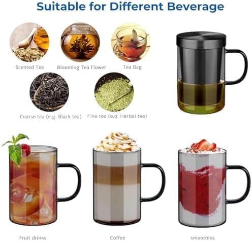 EcoOE 440 ml Borosilikat Teetasse mit Ultrafein Edelstahl Sieb und Natürlicher Bambus Deckel für Koffeinfreie Getränke