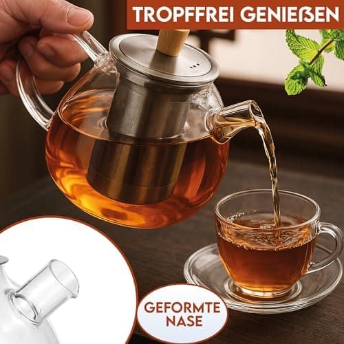 Teekanne aus Borosilikatglas mit Edelstahl-Sieb für Dobin - 1,5 Liter - Tropffrei, Hitzebeständig, Spülmaschinenfest