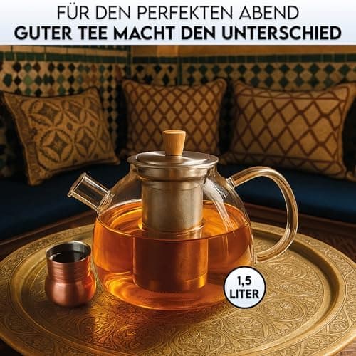 Teekanne aus Borosilikatglas mit Edelstahl-Sieb für Dobin - 1,5 Liter - Tropffrei, Hitzebeständig, Spülmaschinenfest