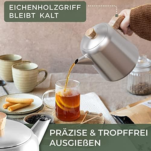 WALDWERK Tropffreie Teekanne 304 Edelstahl - IDEAL für Teebewerter - Holzgriffesignierungen - 1 Liter Doppelwandige Teek