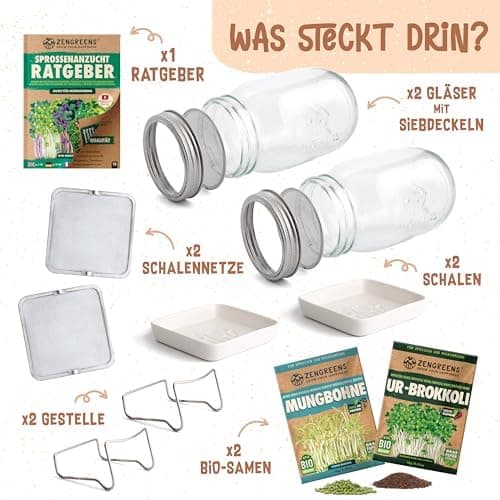 Bio Sprossen Anzuchtset – USDA Organic EU Organic – Sprossenglas 1er, 2er oder 3er Set – Enthält Keimglas, Anzuchtschale
