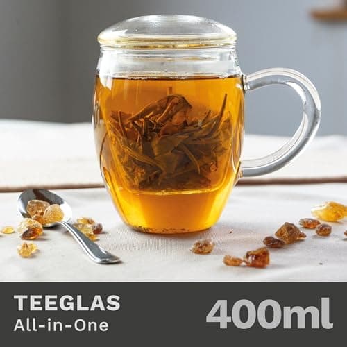 Creano Teeglas All-In-One, große Teetasse mit Sieb und Deckel aus Glas für Tee liebende Frauen und Männer bei jeder Gele