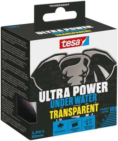 tesa Ultra Power Under Water Transparent - wasserfestes Klebeband für Pool, Zelt und Dachrinne - starke Abdichtungs- und